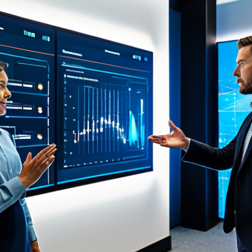 A diverse group of professional CX designers, fully clothed in modest business attire, collaborating around a large interactive holographic display. The setting is a sleek, futuristic office environment with soft, ambient lighting. The display shows abstract data visualizations related to customer journeys and emotional insights. One person gestures towards the display, while another listens attentively, demonstrating empathy and human connection. A subtle, glowing AI interface is integrated into the background, suggesting technological assistance without dominating the human element. Professional photography, cinematic lighting, ultra-detailed, high-resolution, perfect anatomy, correct proportions, natural poses, well-formed hands, proper finger count, natural body proportions, safe for work, appropriate content, fully clothed, professional.
